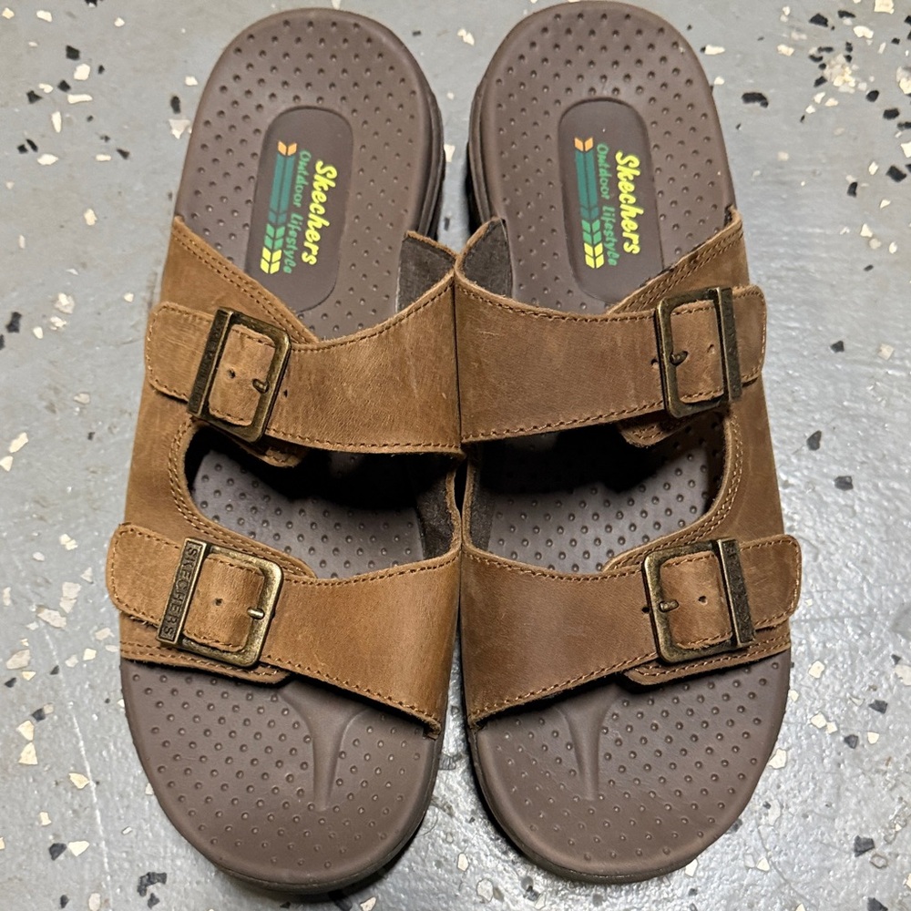 Skechers Brown Dual-Buckle Leather Slide Sandals